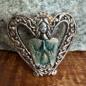 Vintage Silver and Green Angel Heart Brooch